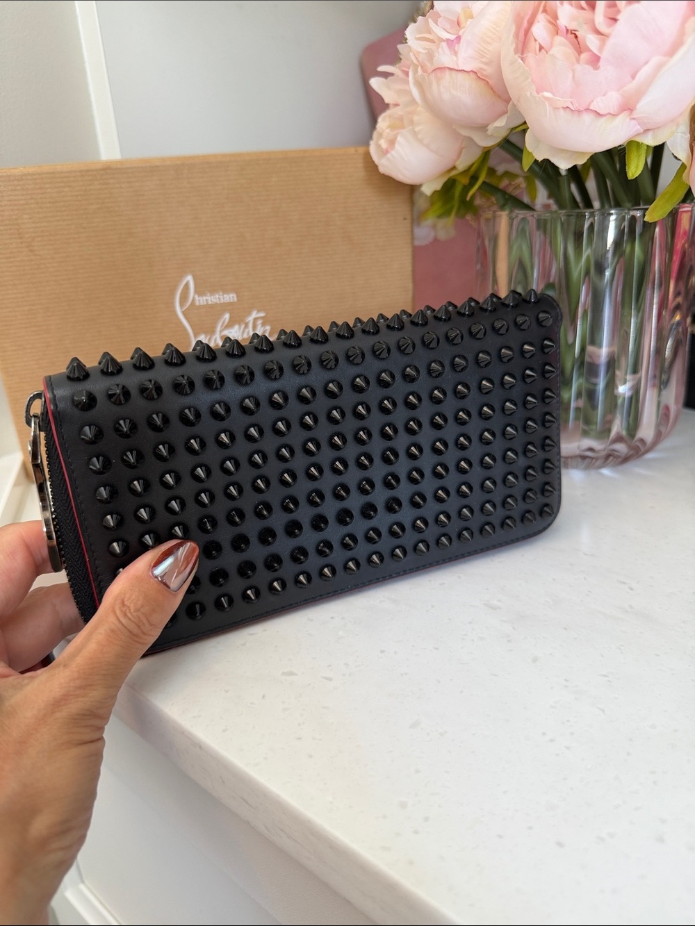 Christian Louboutin EUC Black Studded Panettone Zip-Around Wallet in Box